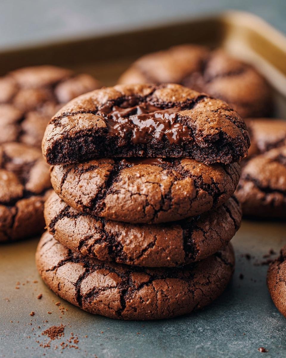 Brownies Cookies Pépites Chocolat: 1 délice 2 Gros plan sur une pile de Brownies Cookies Pépites de Chocolat avec le dessus coulant de chocolat fondu.