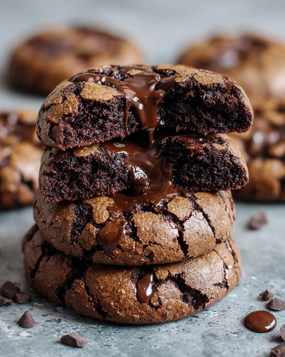 Brownies Cookies Pépites Chocolat: 1 délice 3 Gros plan de Brownies Cookies Pépites de Chocolat empilés, avec du chocolat fondu coulant.