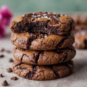 Gros plan sur une pile de Brownies Cookies Pépites de Chocolat fondants, saupoudrés de sel de mer.