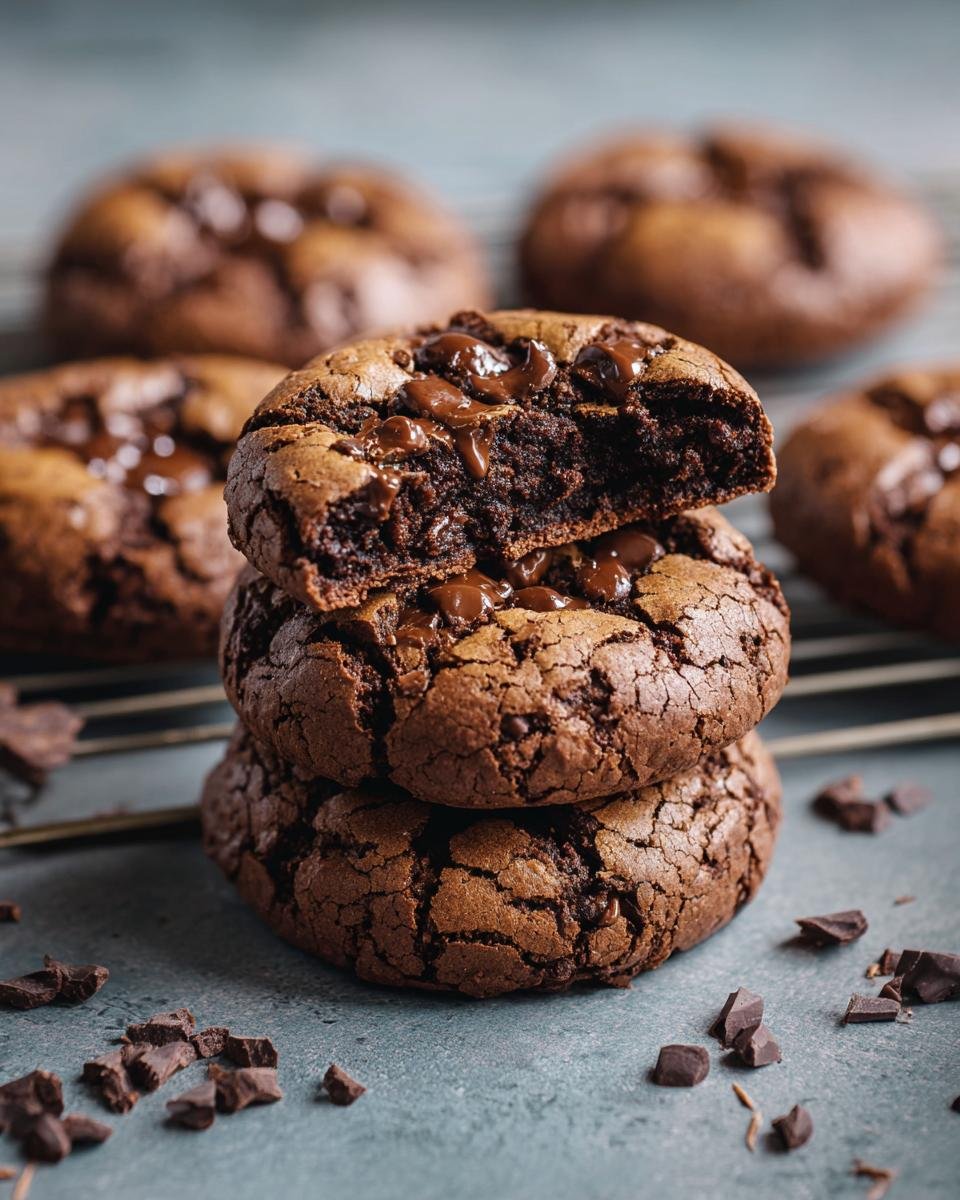 Brownies Cookies Pépites Chocolat: 1 délice 4 Gros plan sur une pile de Brownies Cookies Pépites de Chocolat, dont un est ouvert pour révéler le centre fondant.