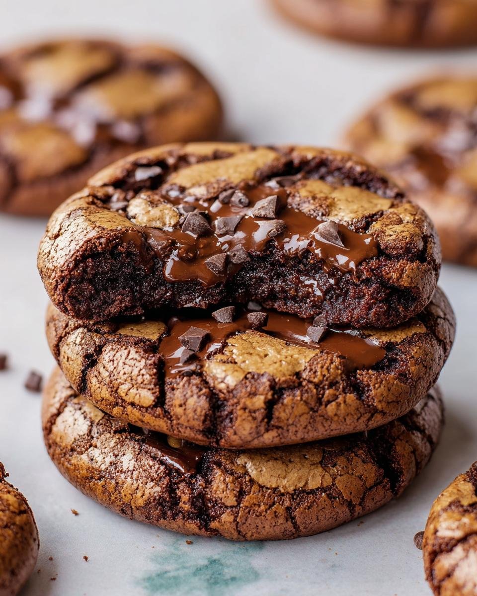 Brownies Cookies Pépites Chocolat: 1 délice 1 Gros plan sur une pile de Brownies Cookies Pépites de Chocolat fondants et gourmands.