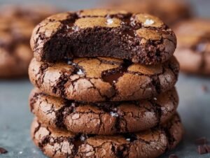 Gros plan d'une pile de Brownies Cookies Pépites de Chocolat fondants, avec une pincée de sel de mer.