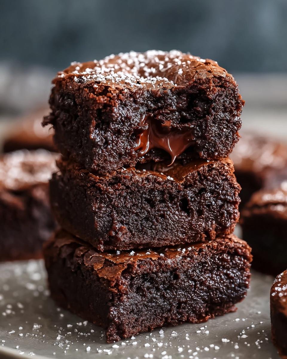 Pile de brownies fondants au chocolat, saupoudrés de sucre glace, avec un cœur coulant.