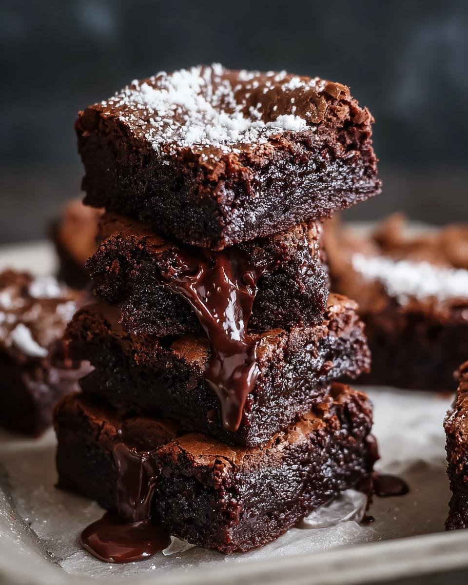 Gros plan d'une pile de brownies fondants au chocolat, dégoulinant de sauce au chocolat, saupoudrés de sucre glace.