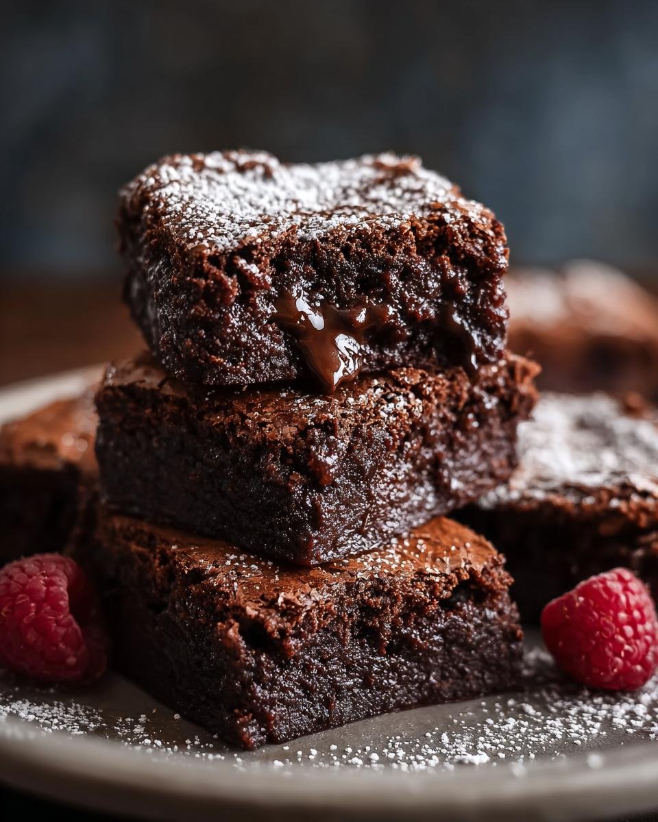 Gros plan sur une pile de brownies fondants au chocolat, saupoudrés de sucre glace, avec des framboises.