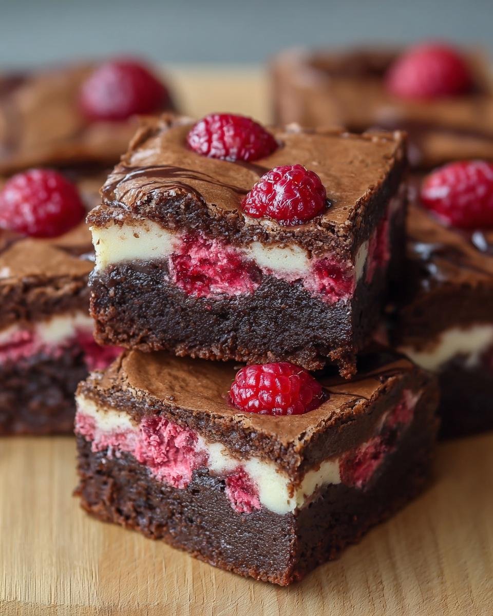 Gros plan sur des brownies framboise marbré avec une couche crémeuse, des framboises et une framboise entière sur le dessus.