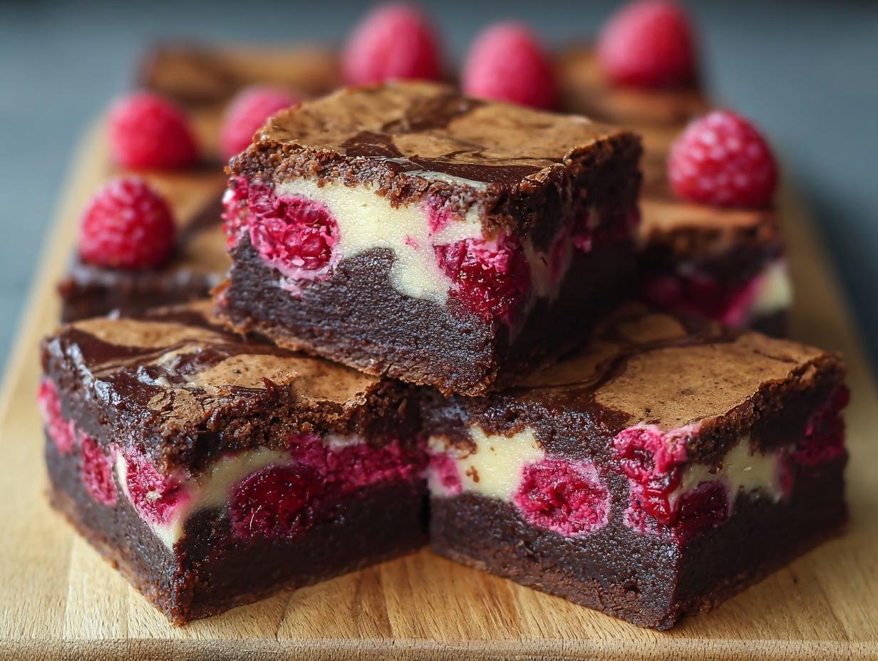 Gros plan sur des brownies framboise marbré, avec des framboises fraîches et une texture chocolatée.