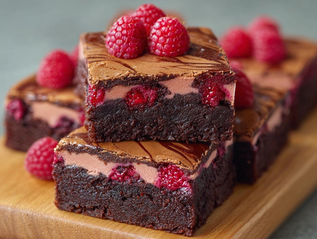 Gros plan sur des brownies framboise marbré, garnis de framboises fraîches et d'un glaçage marbré.