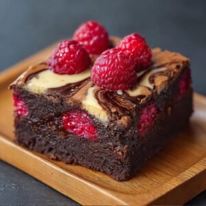 Gros plan d'une part de brownies framboise marbré garnie de framboises fraîches sur un plateau en bois.