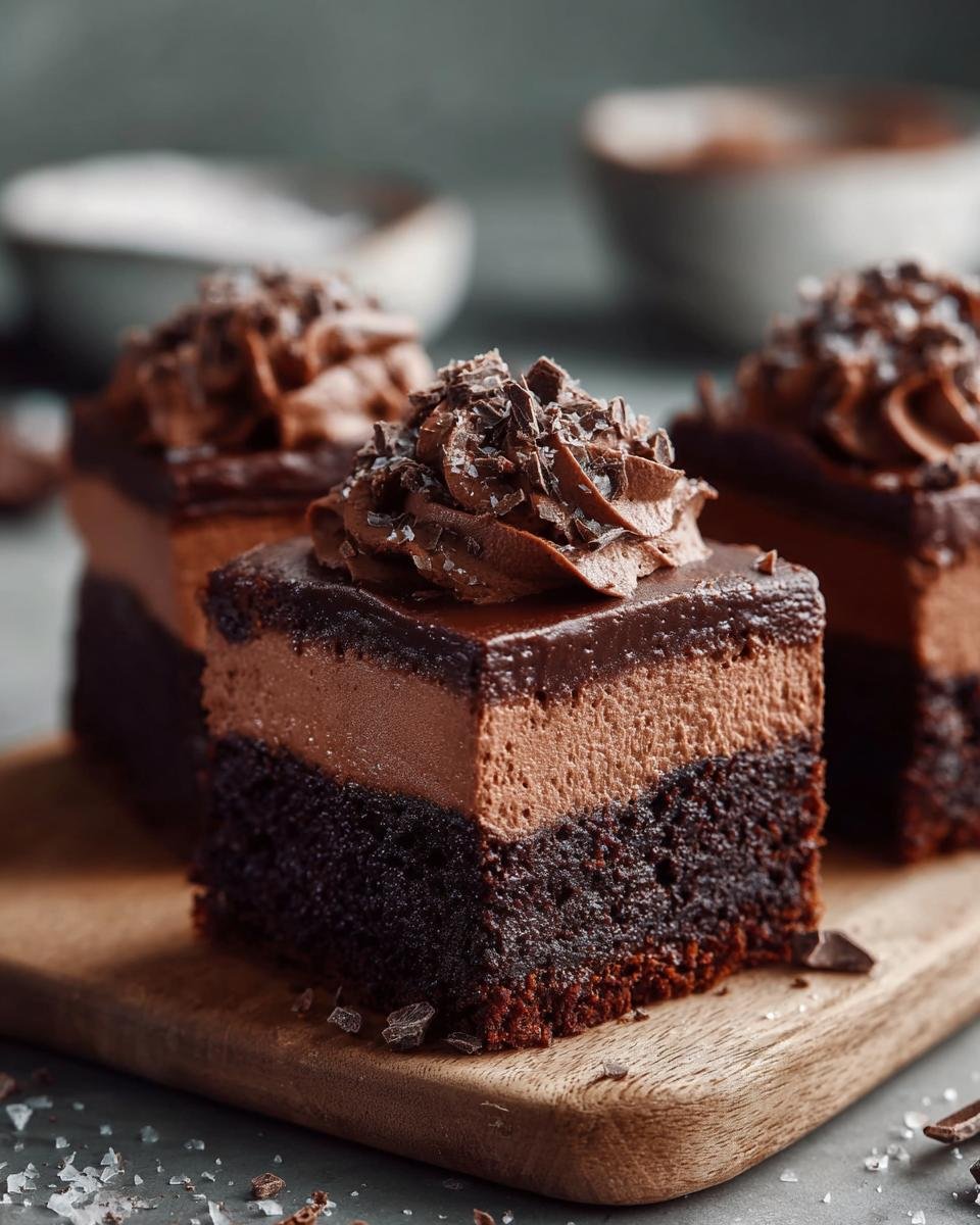 Gros plan sur des brownies à la mousse au chocolat, garniture au chocolat et éclats de chocolat.