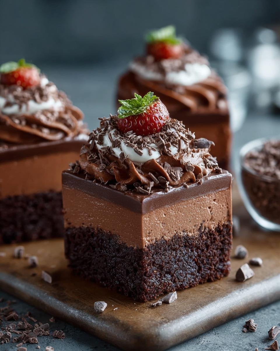 Gros plan sur un brownie mousse au chocolat facile, garni de chantilly, fraise et copeaux de chocolat.