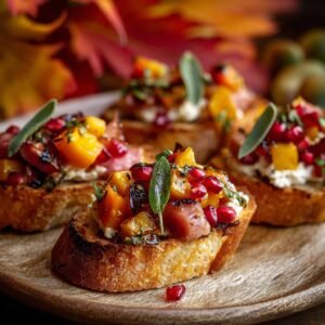 Bruschetta d'Automne garnie de courge, grenade et sauge sur pain grillé.