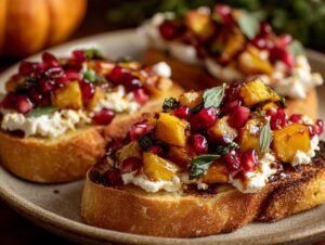 Bruschetta d'Automne : 40 minutes de pur délice Gros plan de Bruschetta d'Automne garnie de courge rôtie, grenade et fromage crémeux sur du pain grillé.