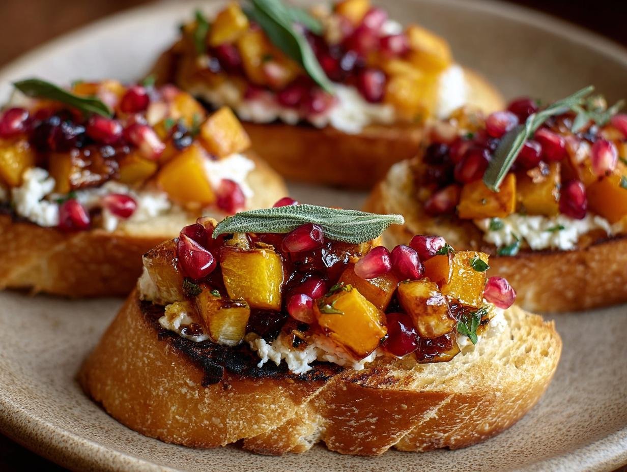 Gros plan de bruschetta d'Automne garnie de courge rôtie, de grenade et de fromage crémeux.