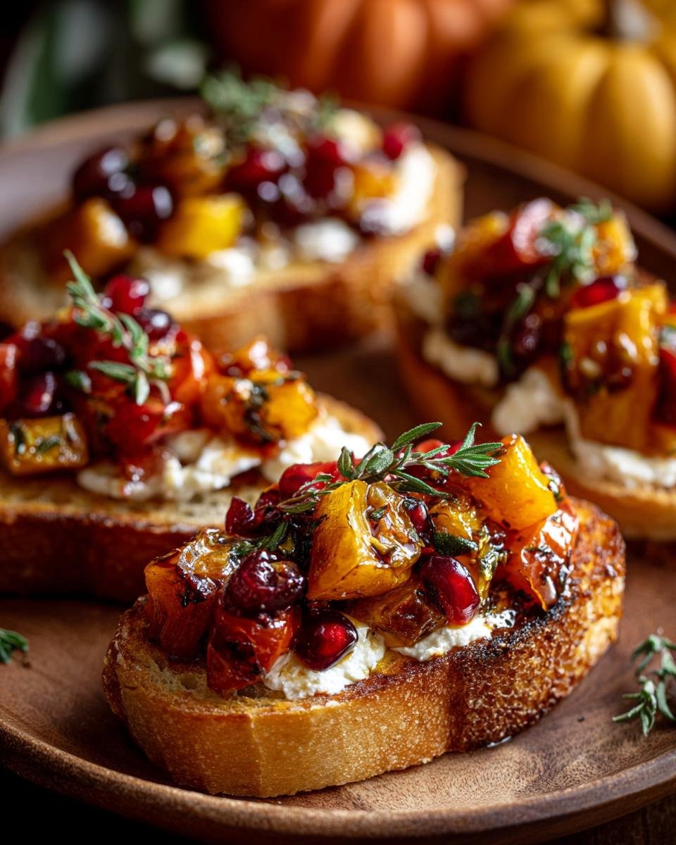 Gros plan sur une Bruschetta d'Automne garnie de courge rôtie, de grenade et de fromage frais.