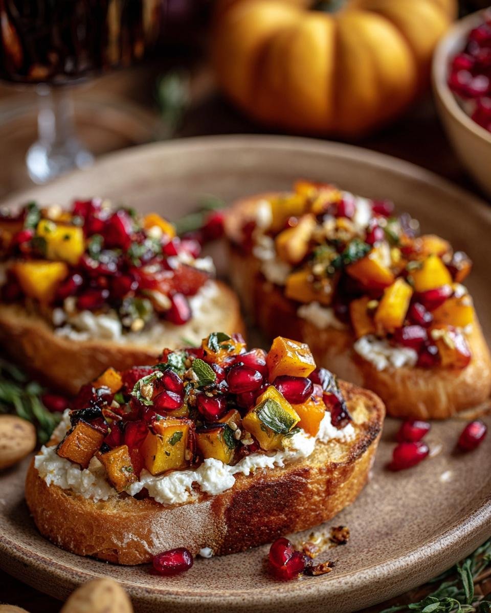 Gros plan de bruschetta d'automne garnie de courge rôtie, de grenades et de fromage frais.