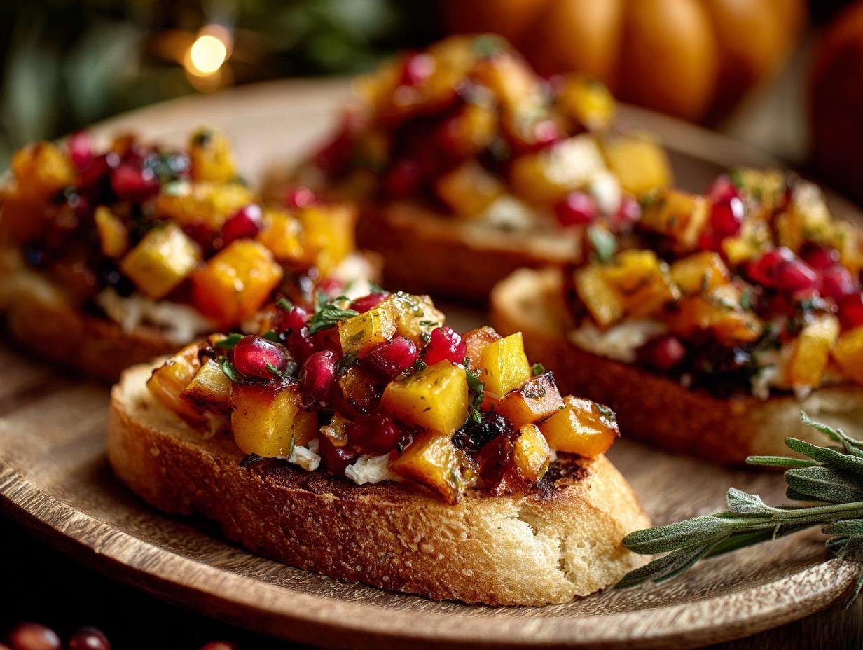 Gros plan sur une délicieuse Bruschetta d'Automne garnie de courge rôtie, grenade et herbes.