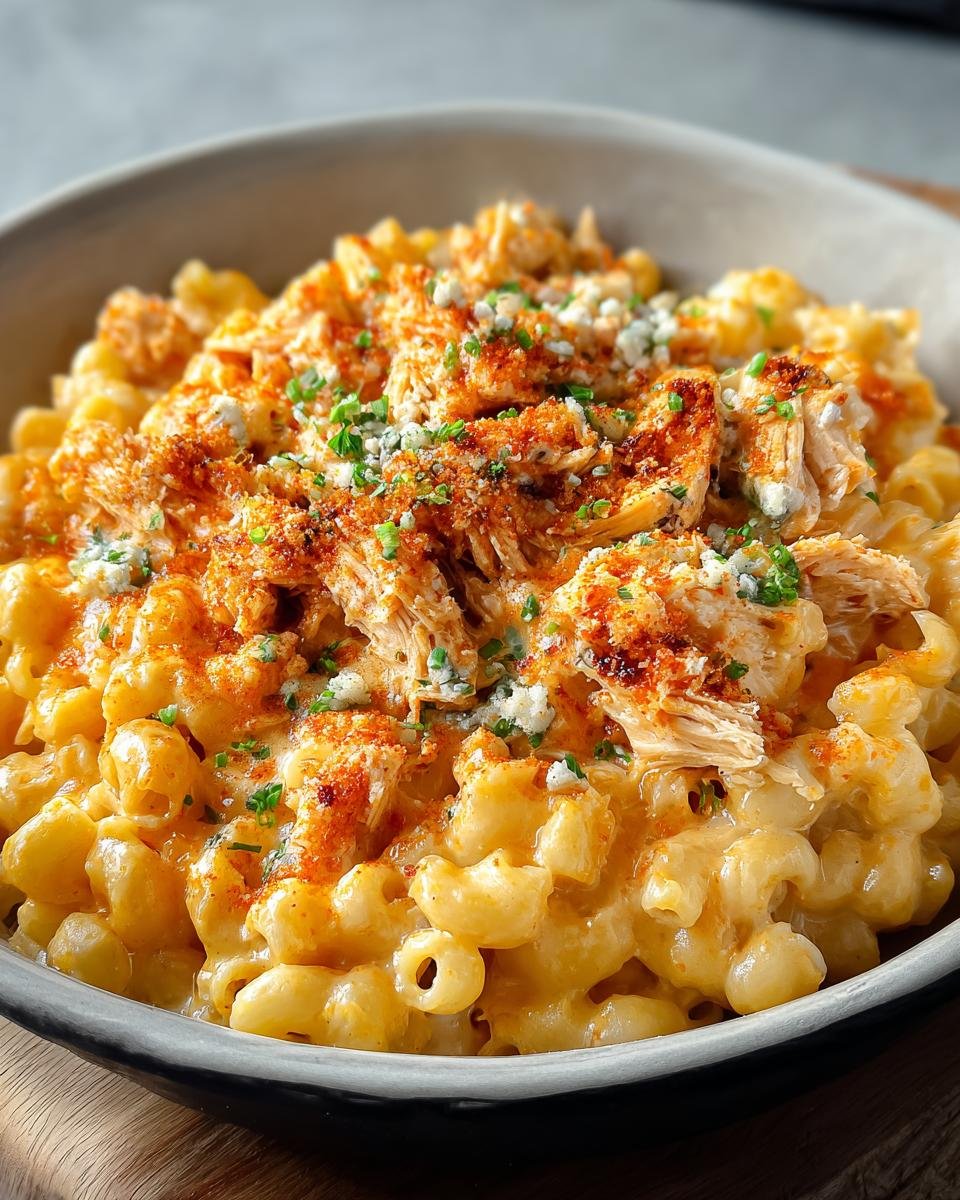 Gros plan d'un bol de Buffalo Chicken Macaroni Cheese crémeux, garni de poulet émietté, de miettes de pain et de persil.