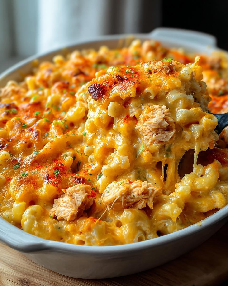 Gros plan d'une portion de Buffalo Chicken Macaroni Cheese, avec du poulet effiloché et du fromage fondant.
