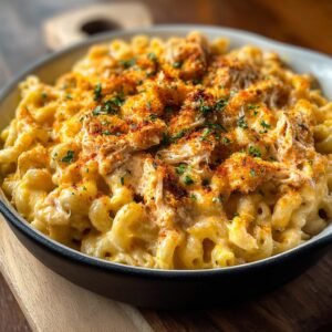 Gros plan d'un plat de Buffalo Chicken Macaroni Cheese crémeux avec du poulet effiloché et une chapelure dorée.
