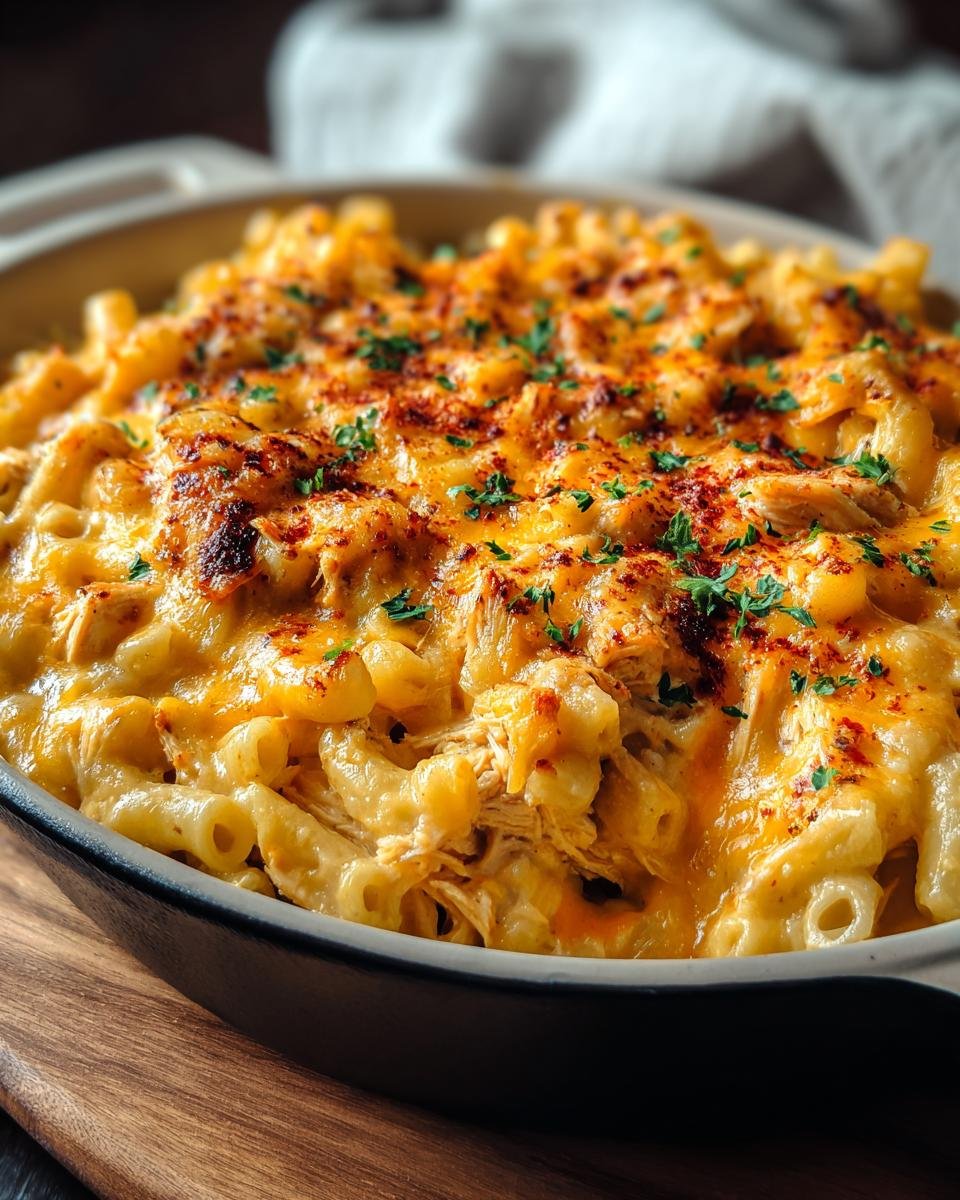Gros plan d'un plat de Buffalo Chicken Macaroni Cheese gratiné au fromage et garni de persil.