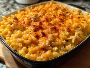 Buffalo Chicken Macaroni Cheese : 1 recette réconfortante Gros plan d'un plat de Buffalo Chicken Macaroni Cheese gratiné au fromage et garni de persil.