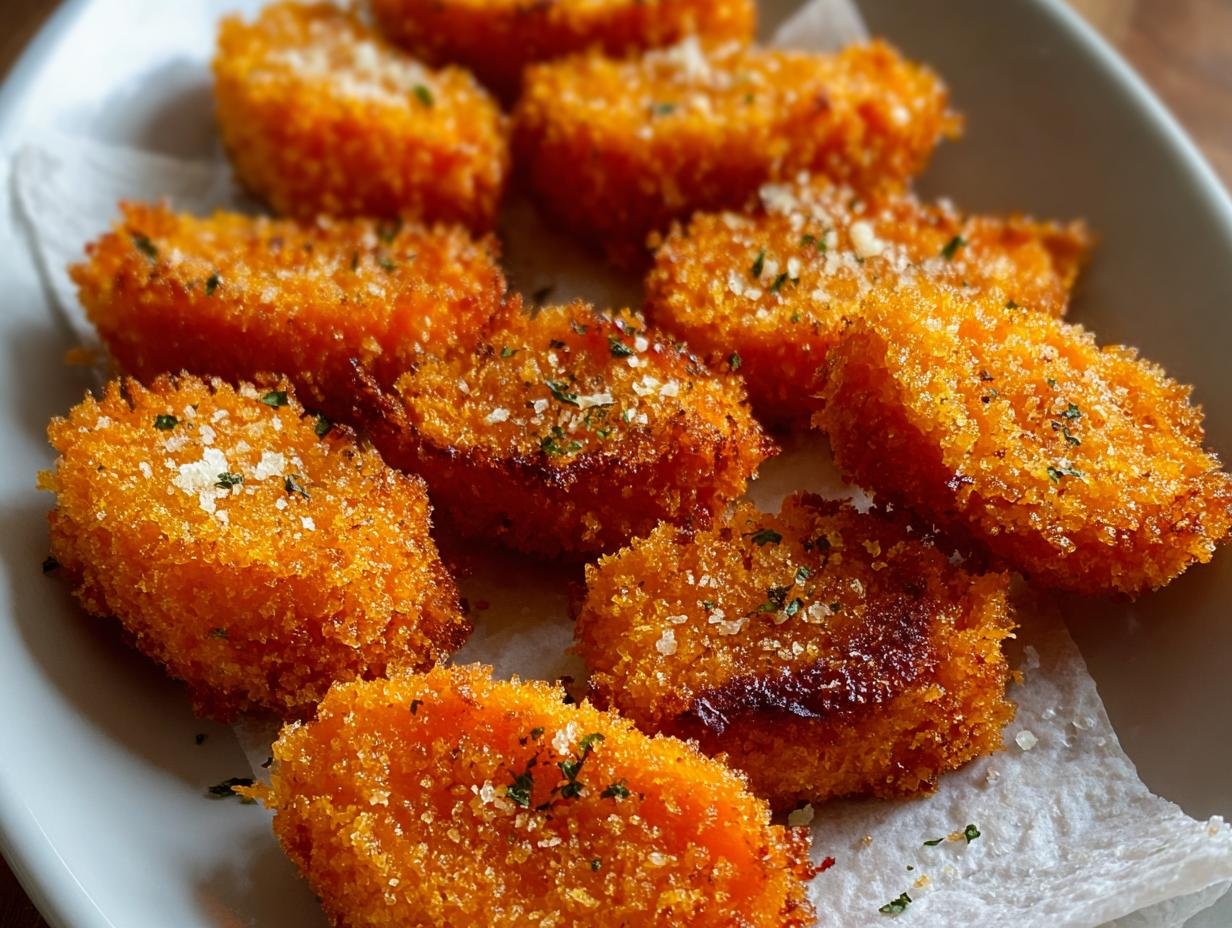 Gros plan sur des carottes écrasées croustillantes faciles, garnies de persil et de parmesan.