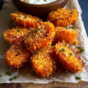 Gros plan sur des carottes écrasées croustillantes faciles, garnies de persil frais.