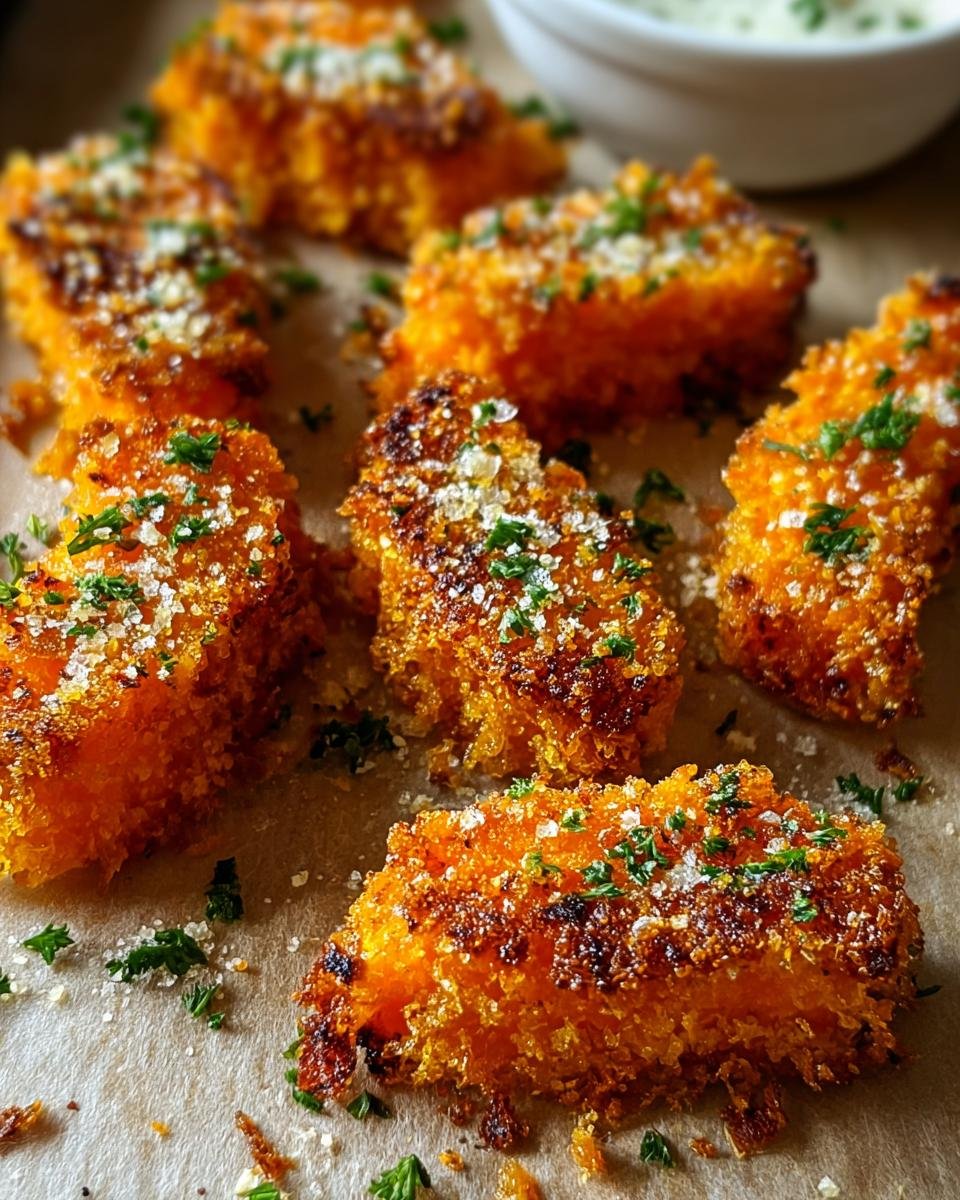 Gros plan de carottes écrasées croustillantes faciles, dorées et garnies de persil frais.