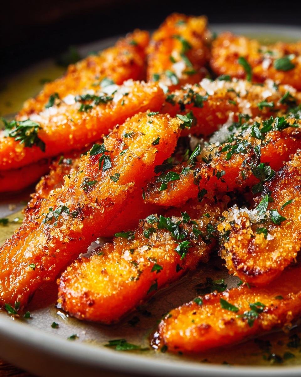 Gros plan de carottes écrasées croustillantes, saupoudrées d'herbes fraîches et de parmesan.