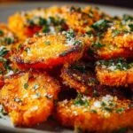 Gros plan sur des carottes écrasées croustillantes, garnies de persil frais et de sel.