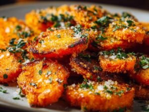 Gros plan sur des carottes écrasées croustillantes, garnies de persil frais et de sel.