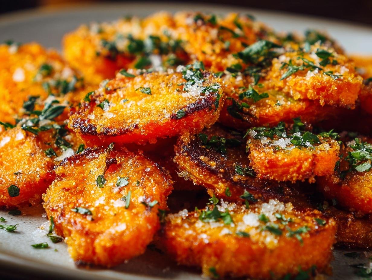 Gros plan sur des carottes écrasées croustillantes, garnies de persil frais et de sel.