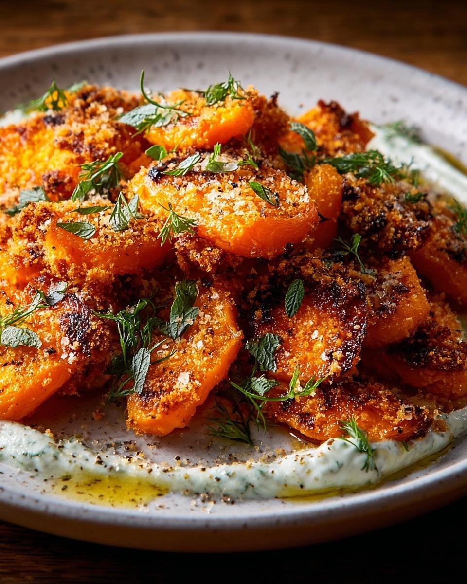 Gros plan sur des carottes écrasées croustillantes, garnies d'herbes fraîches et servies sur une sauce crémeuse.