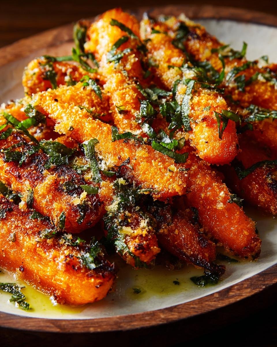 Gros plan sur des carottes écrasées croustillantes, garnies d'herbes fraîches et de parmesan.