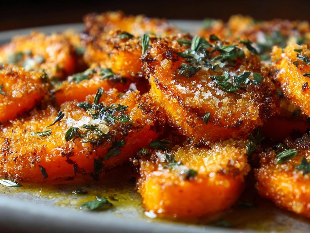 Gros plan sur des carottes écrasées croustillantes garnies d'herbes fraîches et de sel.