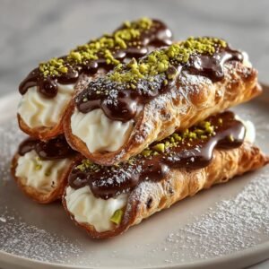 Gros plan sur des Carrés Cannoli Classiques garnis de crème, nappés de chocolat et saupoudrés de pistaches et de sucre glace.