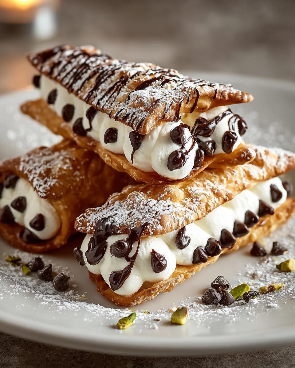 Carrés Cannoli Classiques: 30 min de bonheur 4 Gros plan sur des Carrés Cannoli Classiques garnis de crème fouettée, pépites de chocolat et arrosés de chocolat noir.