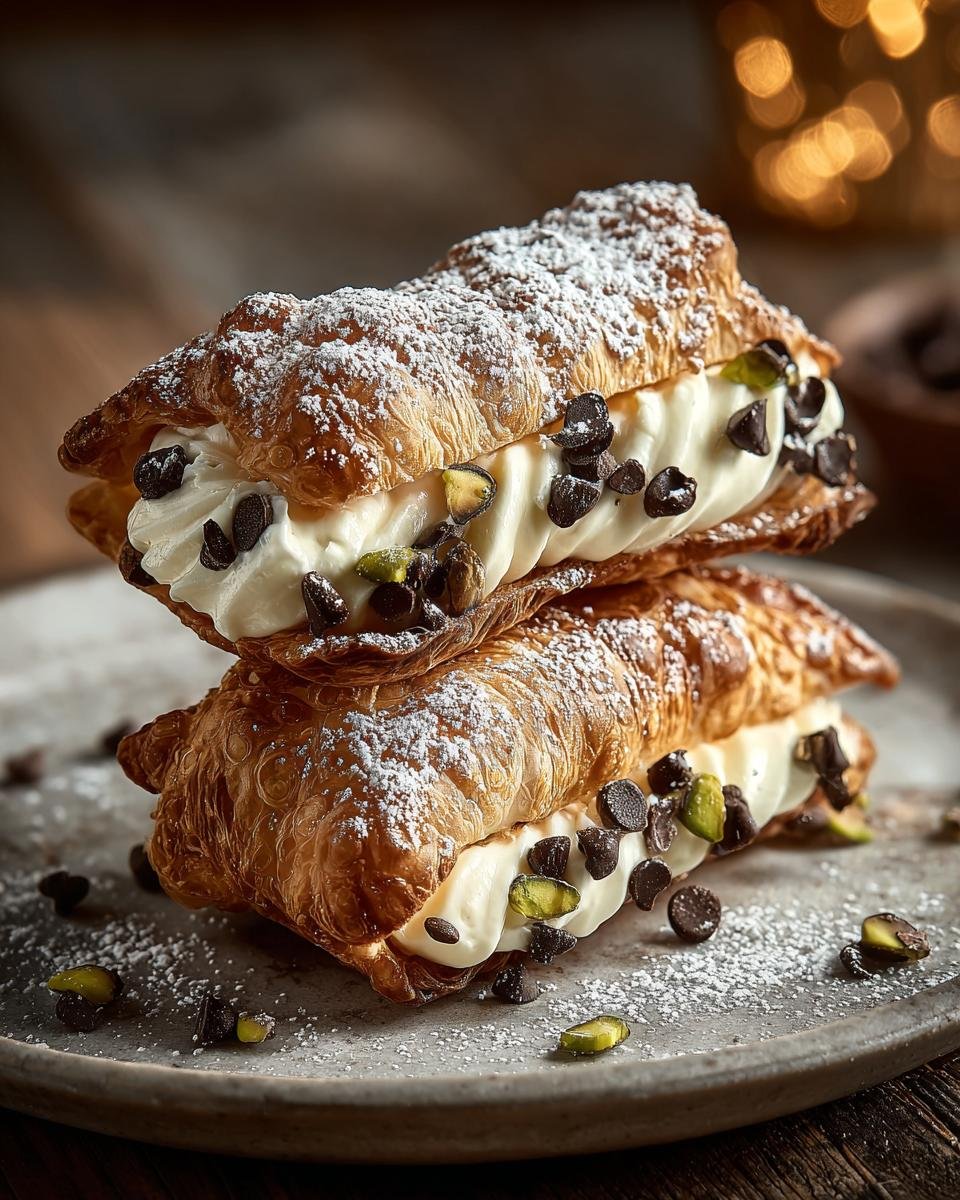 Deux carrés cannoli classiques empilés, garnis de crème, pépites de chocolat et pistaches, saupoudrés de sucre glace.