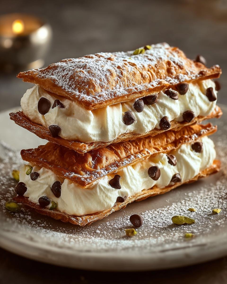 Carrés Cannoli Classiques: 30 min de bonheur 1 Gros plan sur des Carrés Cannoli Classiques empilés, garnis de crème fouettée, pépites de chocolat et pistaches.