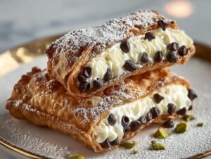 Deux carrés cannoli classiques et faciles empilés, garnis de crème, pépites de chocolat et saupoudrés de sucre glace.
