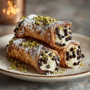 Trois carrés cannoli classiques et faciles garnis de crème, pépites de chocolat et pistaches concassées, saupoudrés de sucre glace.