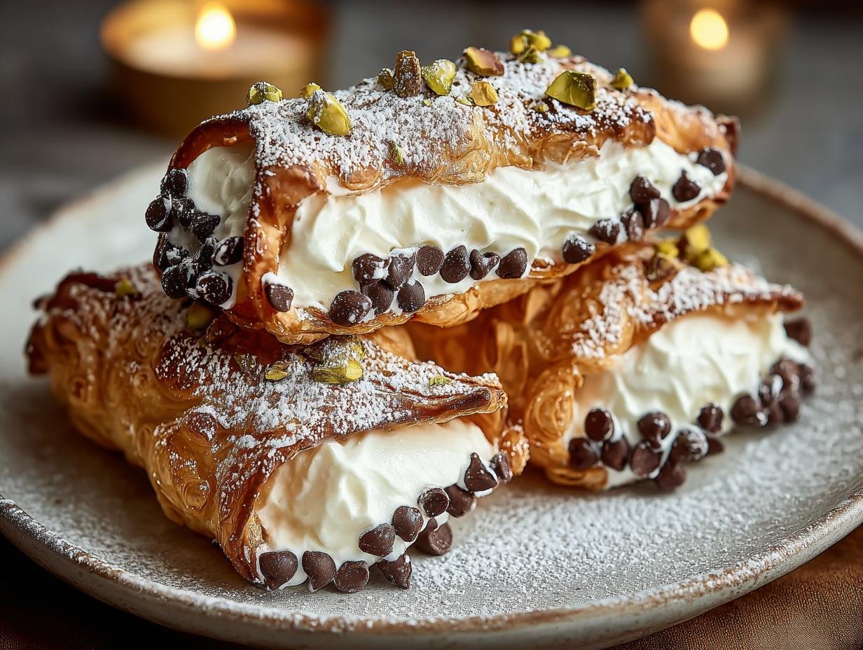 Gros plan sur des carrés cannoli classiques et faciles, garnis de crème, pépites de chocolat et pistaches, saupoudrés de sucre glace.