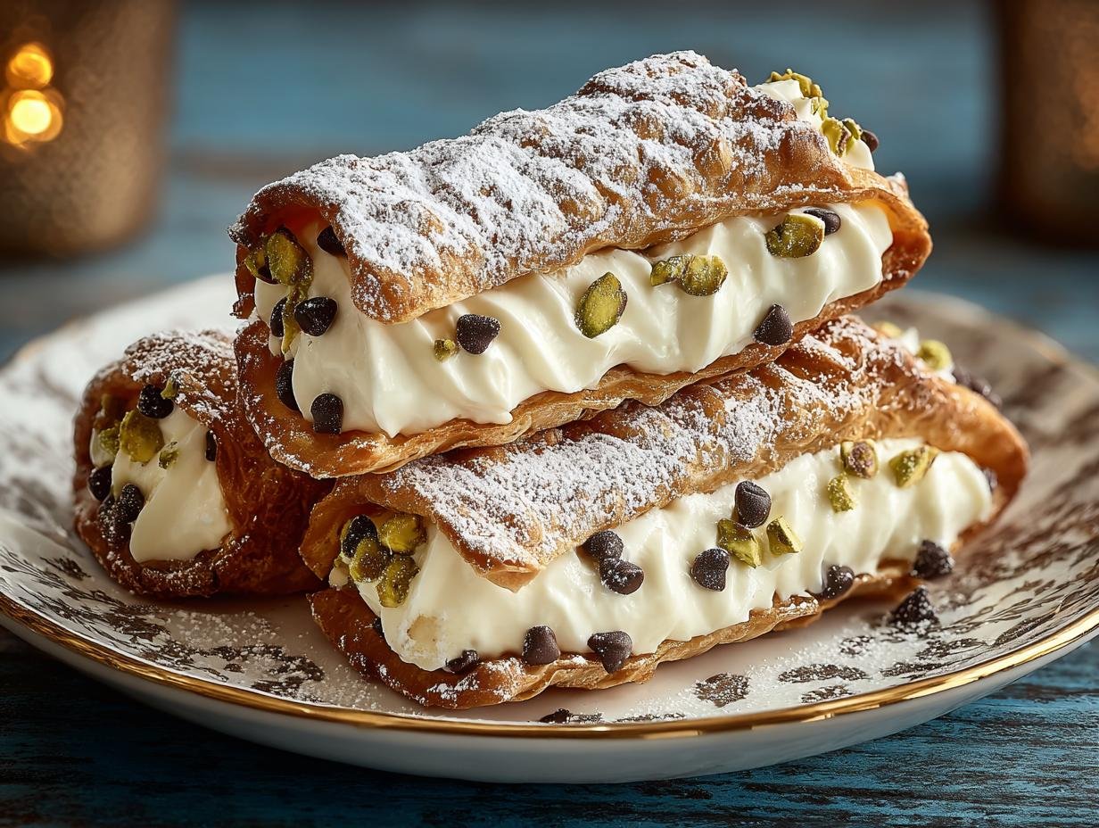 Gros plan sur trois carrés cannoli classiques et faciles, garniture crémeuse, pépites de chocolat et pistaches concassées, saupoudrés de sucre glace.