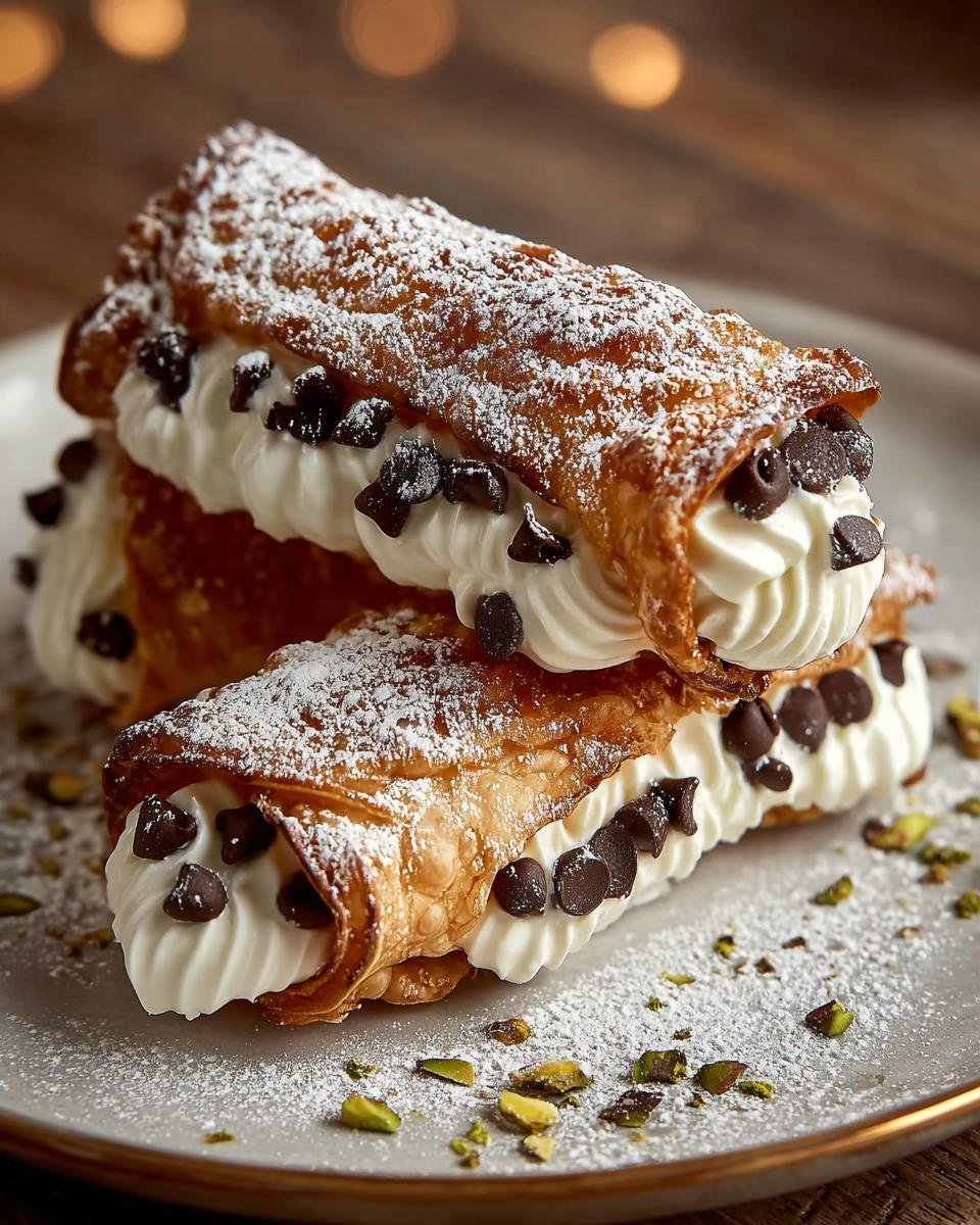 Deux carrés cannoli classiques et faciles remplis de crème et de pépites de chocolat, saupoudrés de sucre glace.