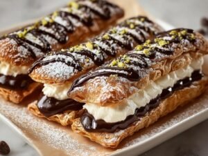 Trois Carrés Cannoli Classiques garnis de crème, de chocolat et saupoudrés de pistaches et de sucre glace.