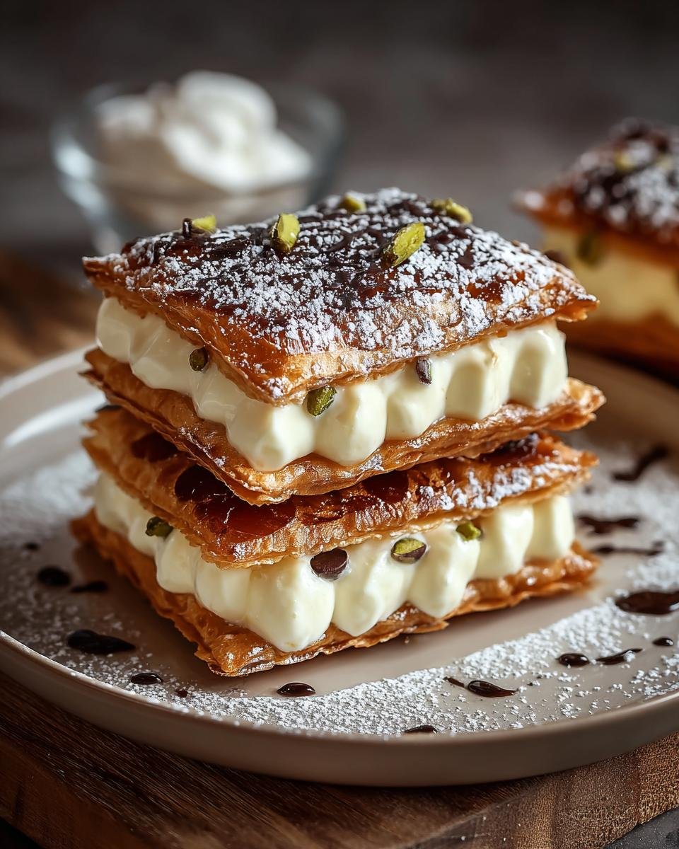 Carrés Cannoli Classiques: 30 min de bonheur 2 Gros plan sur des Carrés Cannoli Classiques empilés, garnis de crème onctueuse, pistaches et éclats de chocolat.