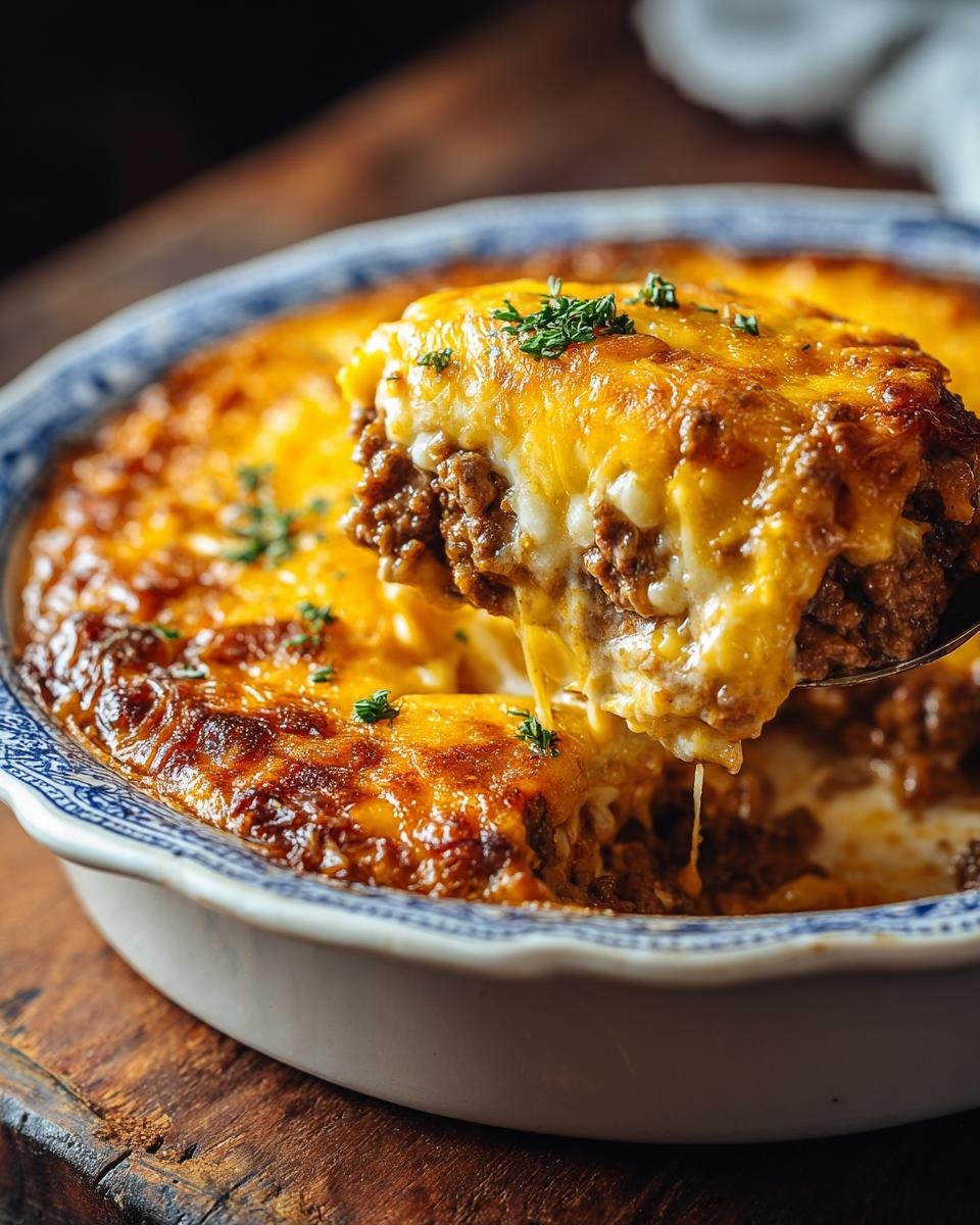 Gros plan d'une portion de casserole au bœuf haché et fromage fondant, garnie de persil frais.