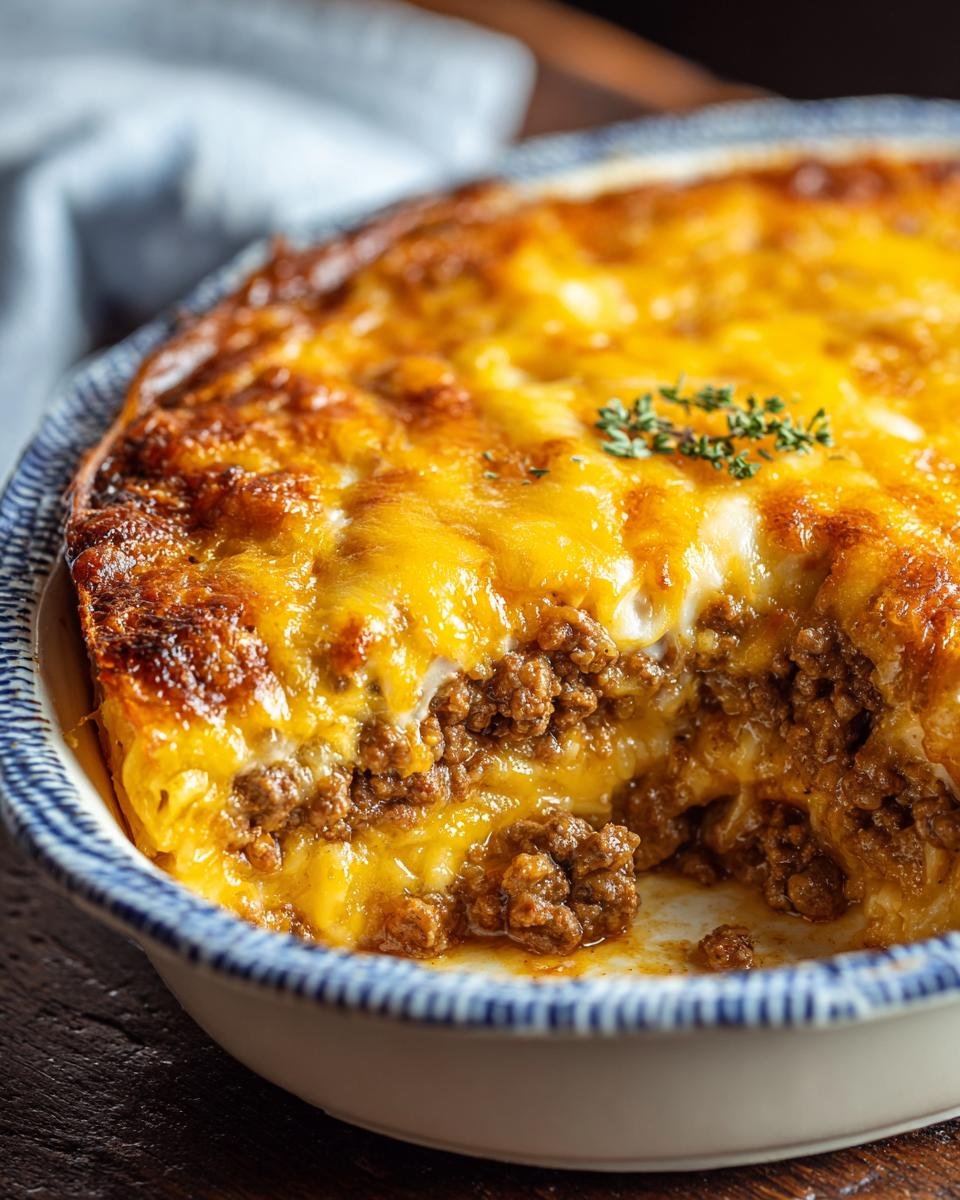 Gros plan d'une casserole au bœuf haché et fromage, avec une portion retirée pour montrer les couches.