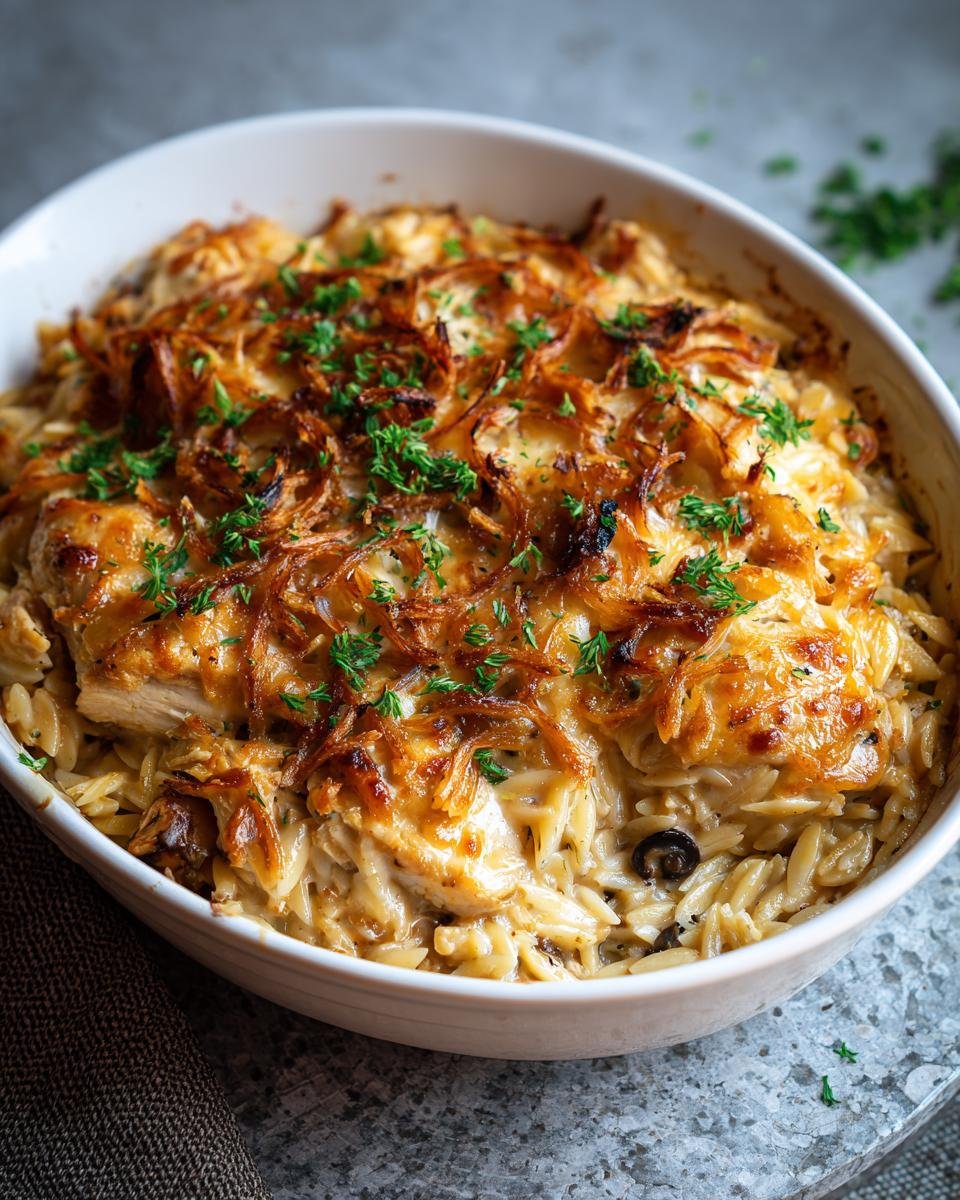 Casserole d'Orzo au Poulet : 550 Calories Réconfortantes 2 Gros plan sur une casserole d'orzo au poulet crémeuse, garnie d'oignons frits et de persil frais.